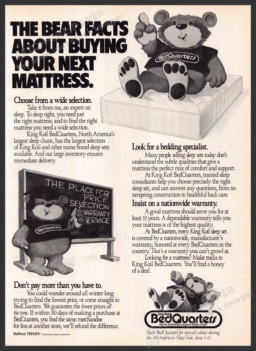 King Koil BedQuarters 1980s Print Advertisement 1987 "The Bear Facts" King Koil BedQuarters