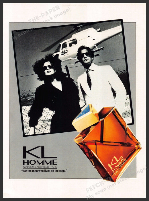 KL Homme 1980s U.K. Print Advertisement 1986 "For the man who lives on the edge" KL Homme