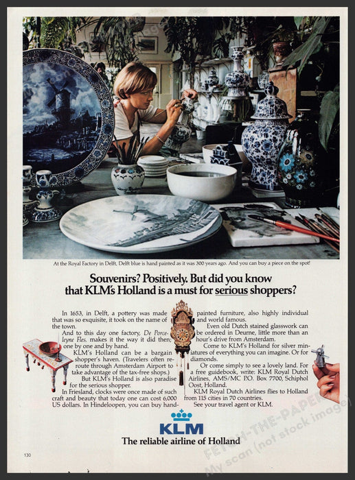 KLM Airlines Holland 1980s Print Advertisement Ad 1980 Delft Pottery Painter Fetch-the-Paper