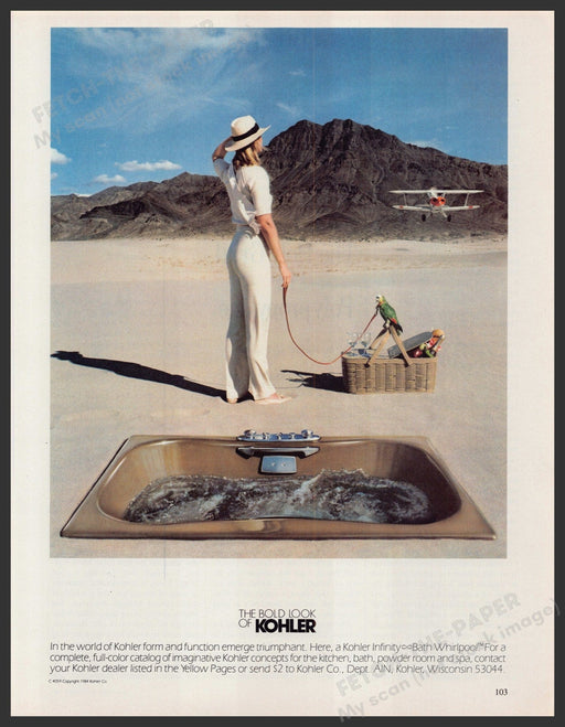 Kohler Infinity Bath Whirlpool Tub 1980s Print Advertisement Ad 1984 Desert Bath Fetch-the-Paper
