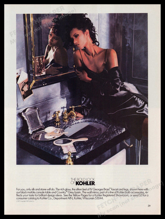 Kohler IV Georges Brass Faucet 1980s Print Advertisement Ad 1987 Iman Model Fetch-the-Paper