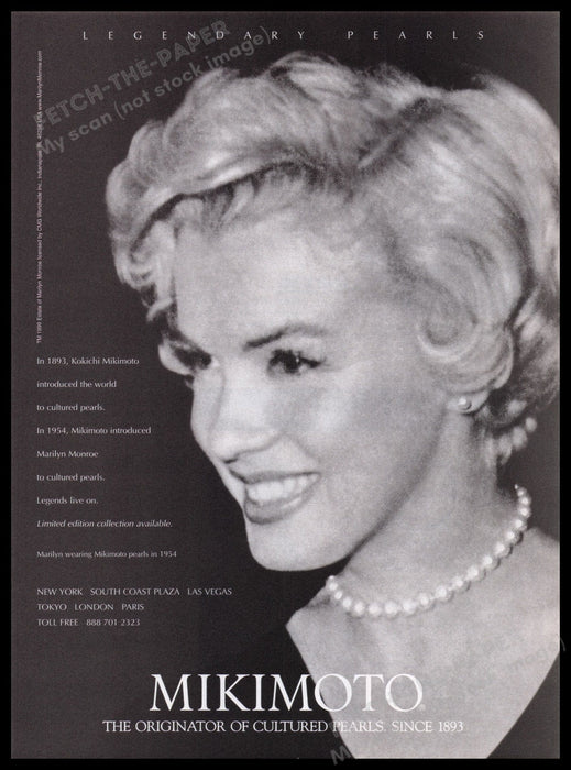 Kokichi Mikimoto Marilyn Monroe Pearls 1990s Print Advertisement Ad 1999 Jewelry Fetch the Paper!
