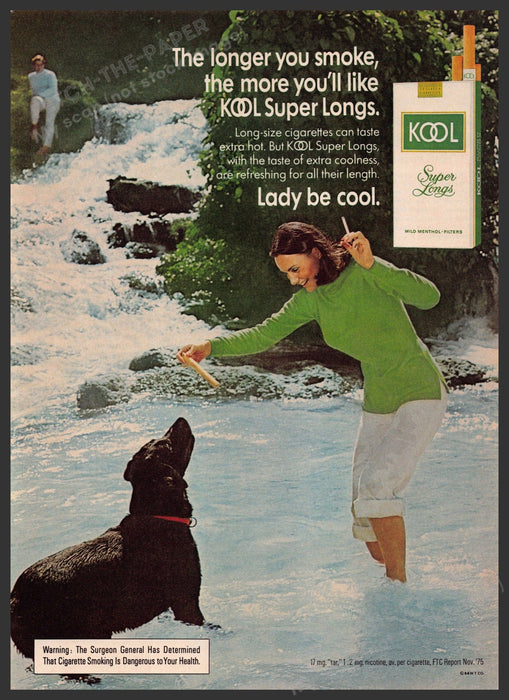 Kool Cigarettes 1970s Print Advertisement 1976 Black Lab Dog Lady River Water Fetch-the-Paper
