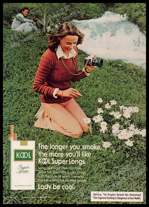 Kool Super Longs 1970s Print Advertisement 1977 Girl Photographing Daisy Flowers Kool Super Longs