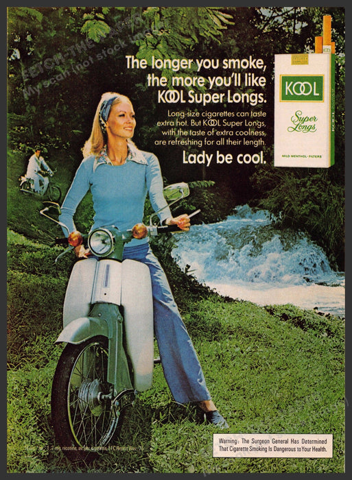 Kool Super Longs Cigarettes 1970s Print Advertisement 1976 Lady on a Scooter Fetch-the-Paper