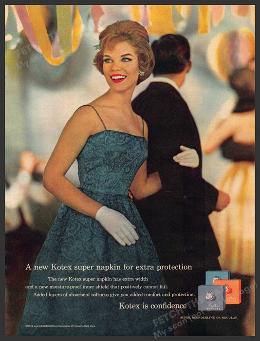 Kotex 1960s Print Advertisement Ad 1961 Super Napkin Girl Prom Party Kotex