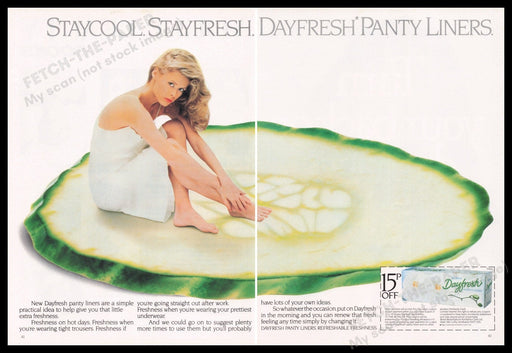 Kotex 1980s Print Advertisement (2 pages) 1982 Legs Cucumber Fetch the Paper!
