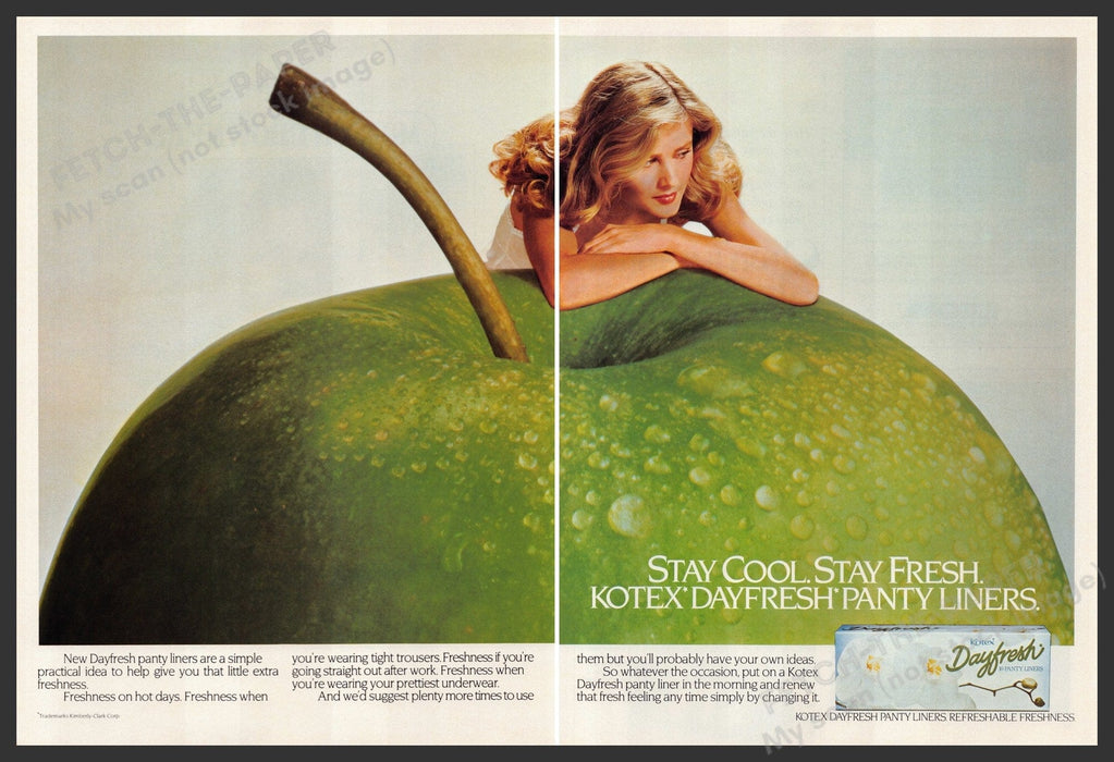Kotex Dayfresh 1980s Print Advertisement Ad (2 pages) 1982 Green Apple Bare Lady Fetch the Paper!