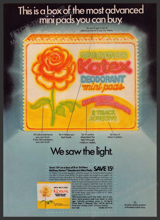 Kotex Deodorant 1970s Print Ad 1976 Mini Pads "We saw the light" Fetch-the-Paper