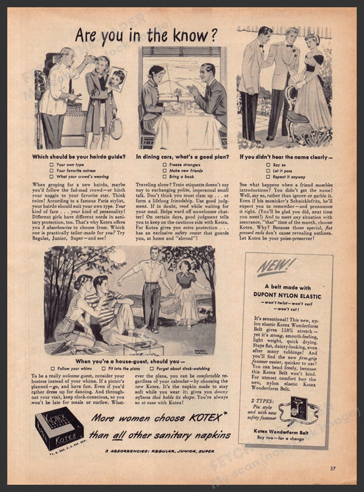 Kotex Sanitary Napkins 1940s Print Advertisement Ad 1949 "Are you in the know?" Fetch-the-Paper