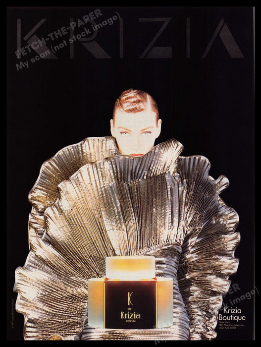 Krizia Perfume 1980s Print Advertisement Ad 1987 Silver Ruffled Dress Fetch-the-Paper