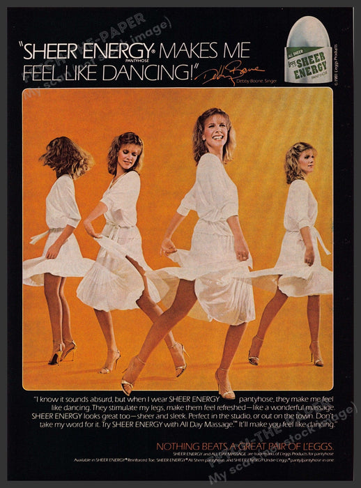 L'eggs 1980s Magazine Print Advertisement 1981 Legs Debby Boone Sheer Energy Fetch-the-Paper