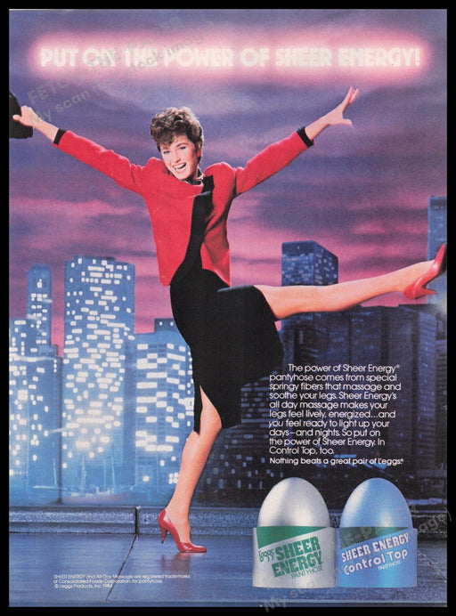 L'eggs Sheer Energy City Lights 1980s Print Advertisement Ad 1985 Legs Kicking Fetch-the-Paper