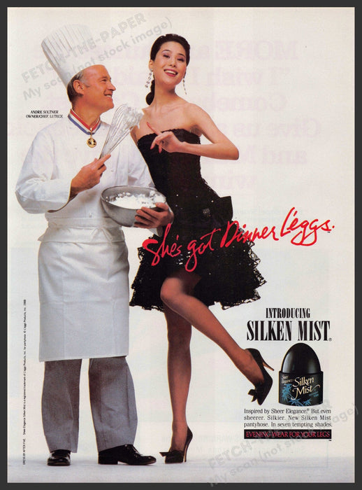 L'eggs Silken Mist Pantyhose 1980s Print Advertisement 1989 Chef Legs Dinner Fetch-the-Paper