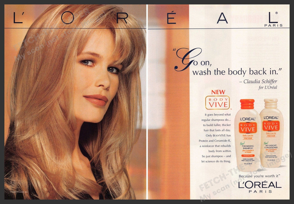 L'Oreal 1990s Magazine Print Ad (2 pages) 1998 Claudia Schiffer Hair Body Fetch-the-Paper
