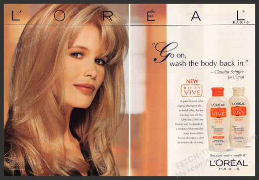 L'Oreal 1990s Magazine Print Ad (2 pages) 1998 Claudia Schiffer Hair Body Fetch-the-Paper