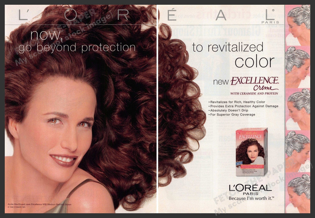 L'Oreal 1990s Print Advertisement Ad 1998 Excellence Creme Andie MacDowell L'Oreal
