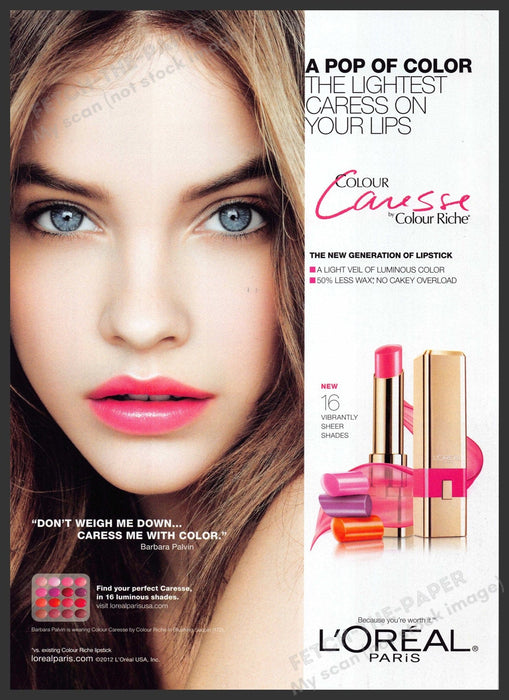 L'Oreal Barbara Palvin 2010s Print Advertisement 2012 Caresse Lip Color Fetch-the-Paper