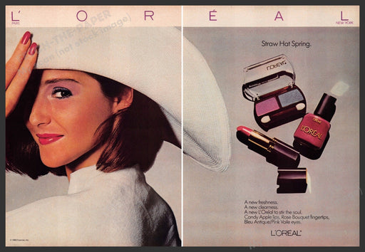 L'Oreal Cosmetic 1980s Print Advertisement (2 page) 1983 Straw Hat Spring Fetch-the-Paper