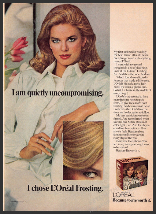 L'Oreal Frosting 1970s Print Advertisement 1976 "I am quietly uncompromising" Fetch-the-Paper