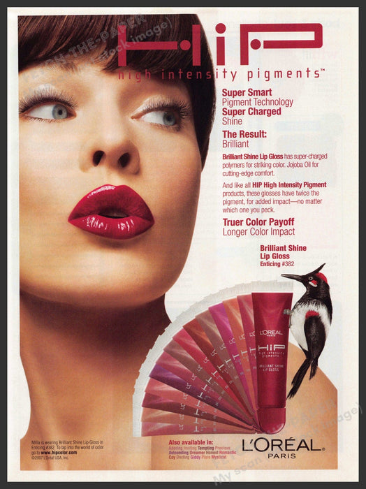 L'Oreal HIP Milla Jovovich 2000s Print Ad 2007 Woodpecker Lips L'Oreal