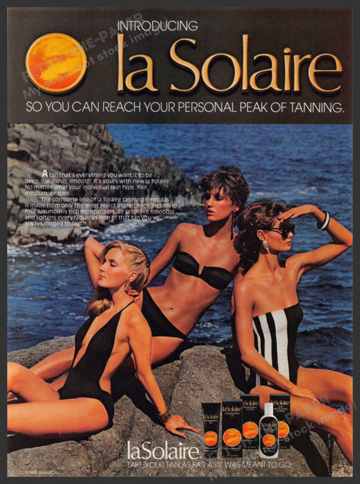 La Solaire Tanning 1980s Print Advertisement 1983 Rocks Beach Swimwear Skin Legs Fetch-the-Paper