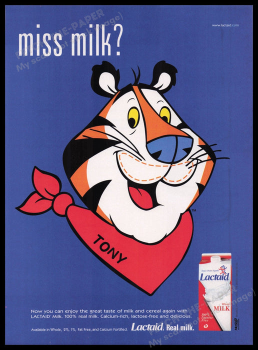 Lactaid Tony the Tiger 2000s Print Advertisement Ad 2004 "Miss milk?" Fetch the Paper!