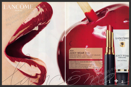 Lancome Lipstick 2000s Print Advertisement (2 pages) 2005 Red Lips Apple Fetch-the-Paper