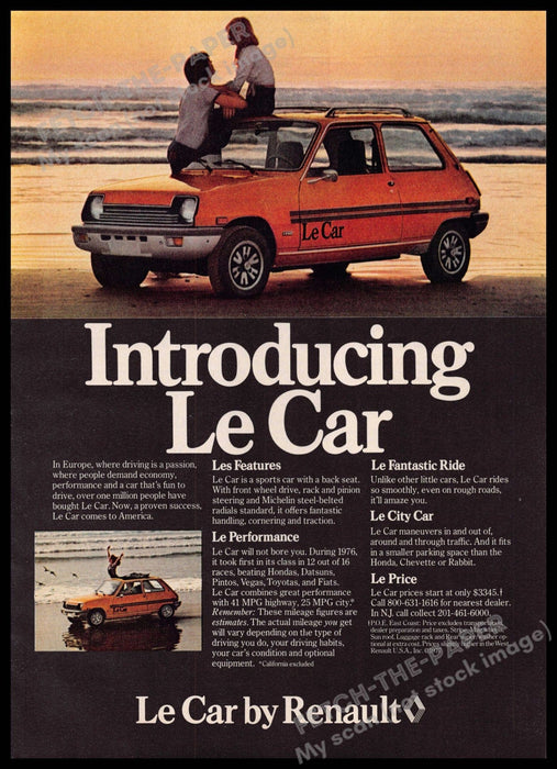 Le Car by Renault 1970s Print Advertisement 1977 Introducing Couple on Beach Renault Le Car