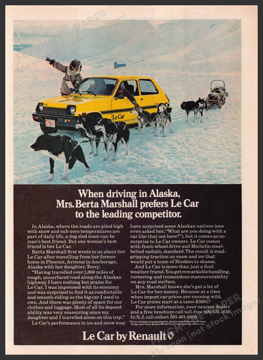 Le Car by Renault 1970s Print Advertisement 1979 Alaska Dog Sled Team Fetch-the-Paper