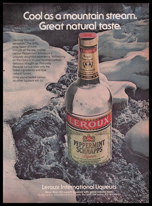 Leroux Peppermint Schnapps 1980s Print Advertisement Ad 1980 Mountain Stream Fetch the Paper!