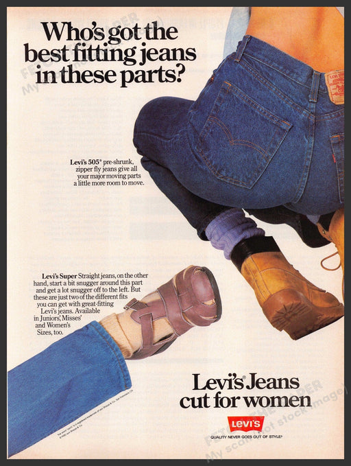 Levi's Jeans 1980s Print Advertisement 1986 505 Super "Cut for women" Fetch-the-Paper