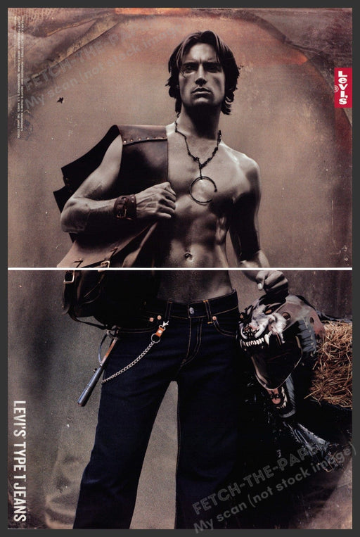 Levi's Type 1 Jeans 2000s Print Ad (2 page) 2003 Abs Male Helmet Fetch-the-Paper