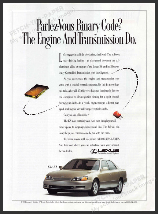 Lexus ES 1990s Print Advertisement 1994 "Parlez-Vous binary code" Fetch-the-Paper