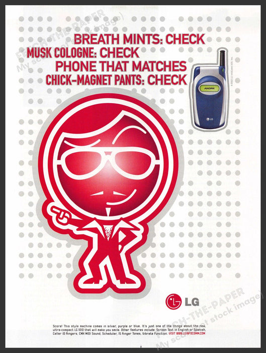 LG 1010 Cell Phone 2000s Print Advertisement 2002 Chick Magnet Pants Fetch-the-Paper