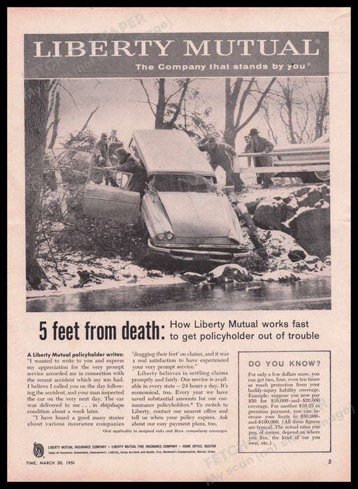 Liberty Mutual "5 Feet from Death" 1950s Print Advertisement Ad 1959 Fetch the Paper!