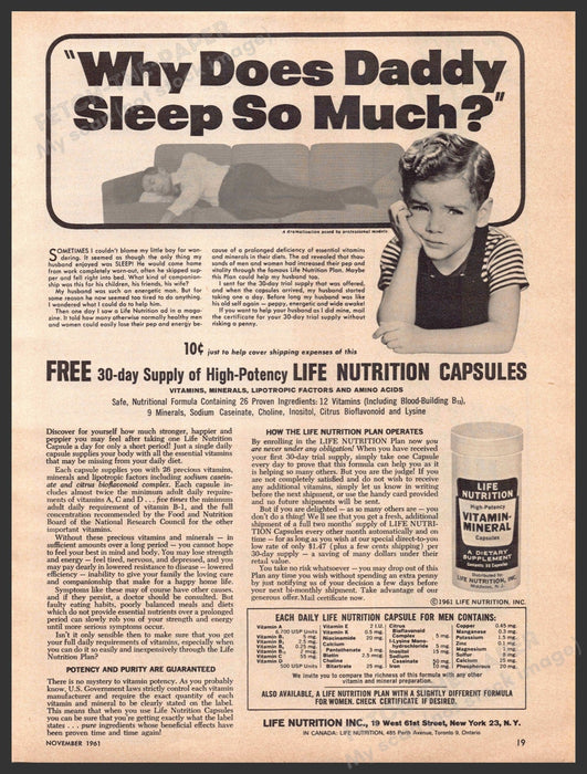 Life Nutrition 1960s Print Advertisement Ad 1961 "Why does daddy sleep so much?" Life Nutrition