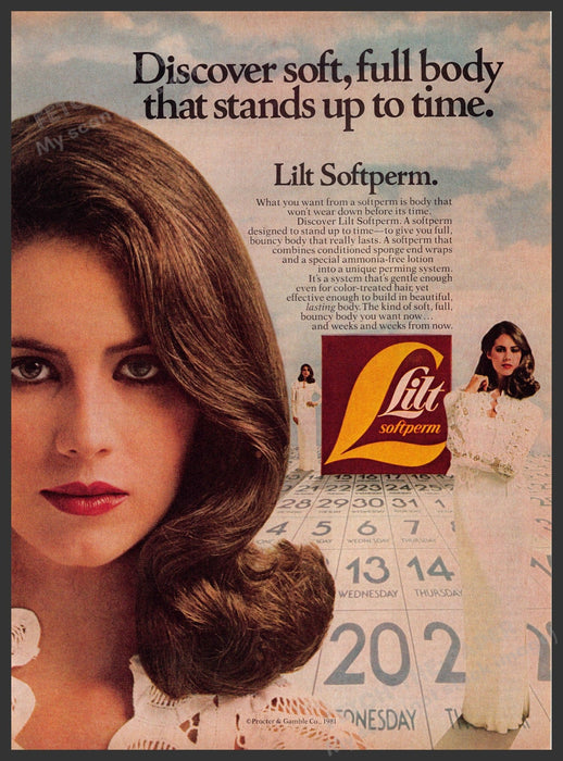 Lilt 1980s Magazine Print Advertisement 1981 Softperm Fully Body Brunette Fetch-the-Paper