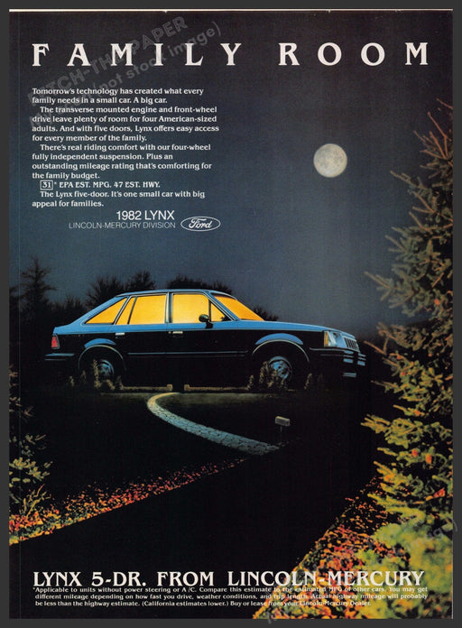 Lincoln Mercury Lynx 1980s Print Advertisement 1982 Nighttime Family Room Lincoln Mercury