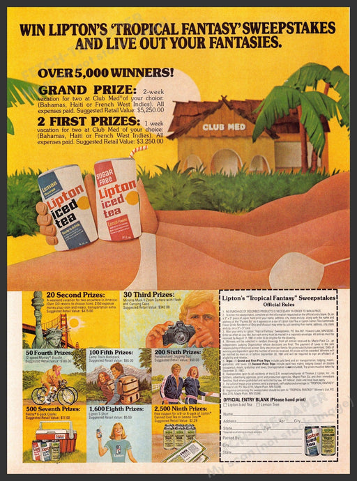 Lipton 1980s Print Advertisement 1981 "Tropical Fantasy" Iced Tea Fetch-the-Paper