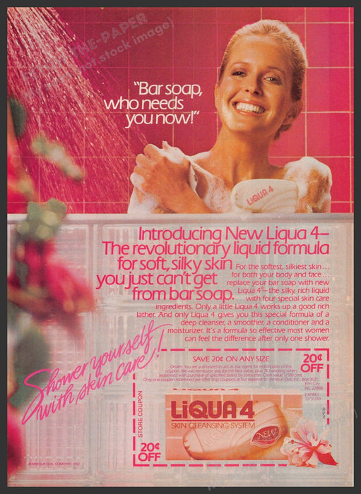 Liqua 4 Bar of Soap 1980s Print Advertisement 1982 Shower Skin Fetch-the-Paper
