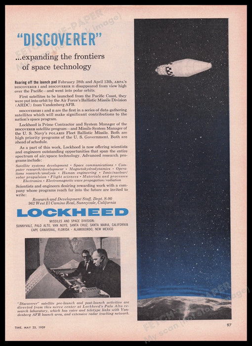 Lockheed "Discoverer" Satellite 1950s Print Advertisement Ad 1959 Fetch the Paper!