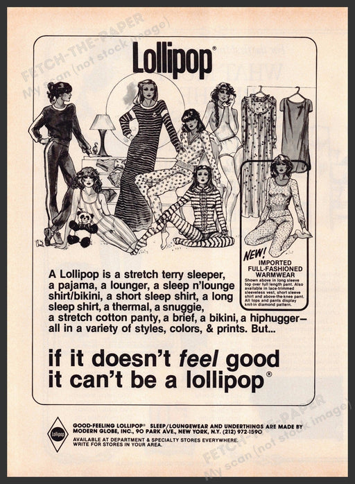 Lollipop Sleepwear 1980s Print Advertisement 1982 Black & White Illustration Fetch-the-Paper