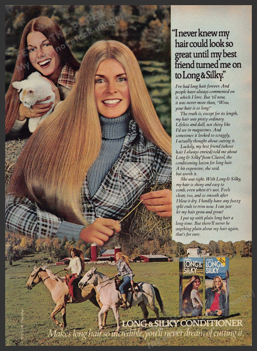 Long & Silky 1970s Print Advertisement 1977 Hair Horses Cat Long & Silky