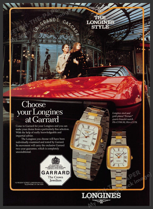 Longines Watch Garrard Jewllers Ferrari 1980s Print Advertisement Ad 1982 Fetch the Paper!