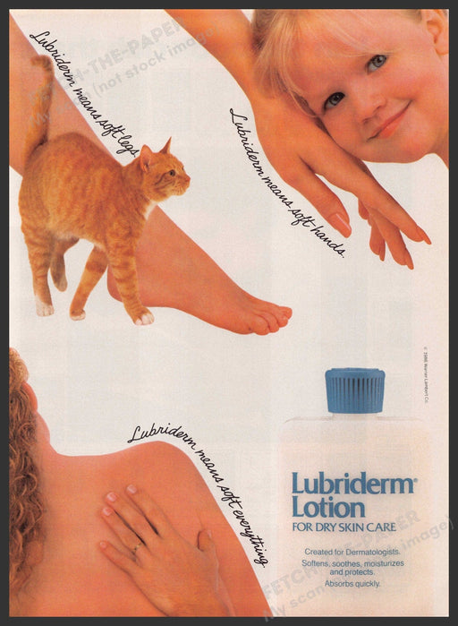 Lubriderm Lotion 1980s Print Advertisement 1986 Hands Back Face Legs Cat Fetch-the-Paper