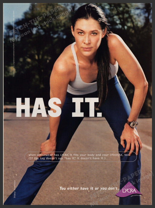 Lycra "Has it" 2000s Print Advertisement 2003 Activewear Woman Working Out Fetch-the-Paper