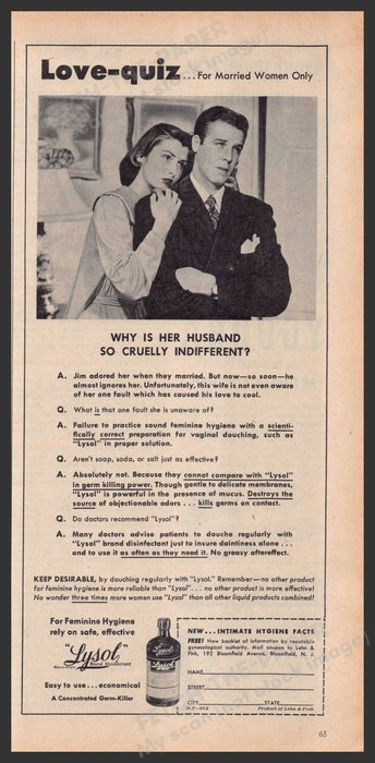 Lysol Feminine Hygiene 1940s Print Advertisement Ad 1949 Marriage Fetch-the-Paper