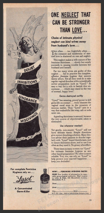 Lysol Feminine Hygiene Product 1940s Print Advertisement Ad 1949 Neglect Fetch-the-Paper