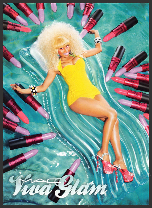 M.A.C. Viva Glam Nicki Minaj 2010s Print Advertisement 2013 Legs Pool Lipsticks Fetch-the-Paper